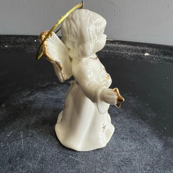 2001 Ivory Porcelain Christmas Angel Bell Ornament w/Gold Trim Holding Stars - Picture 3 of 6
